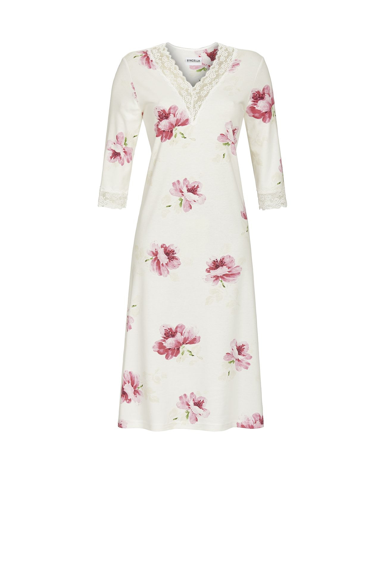 Ringella Damen Nachthemd Langarm Interlock Gr. 36 50 52 54 Baumwolle Off-White Blumen