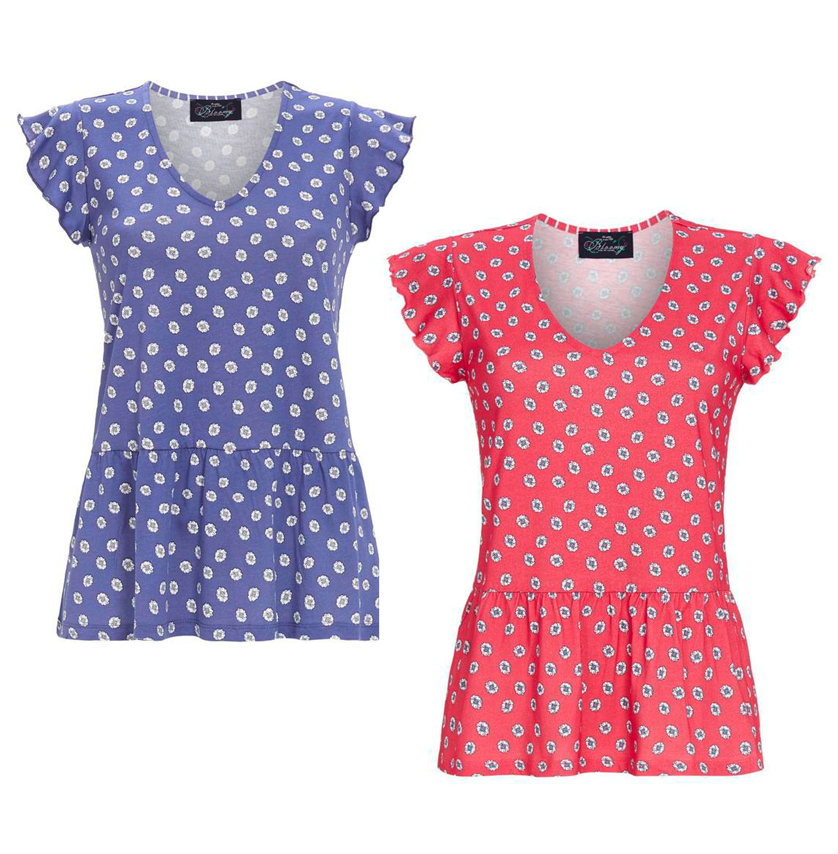 Ringella Bloomy Damen T-Shirt Volant Kurzarm 1251408  Rot Blau Baumwolle Modal