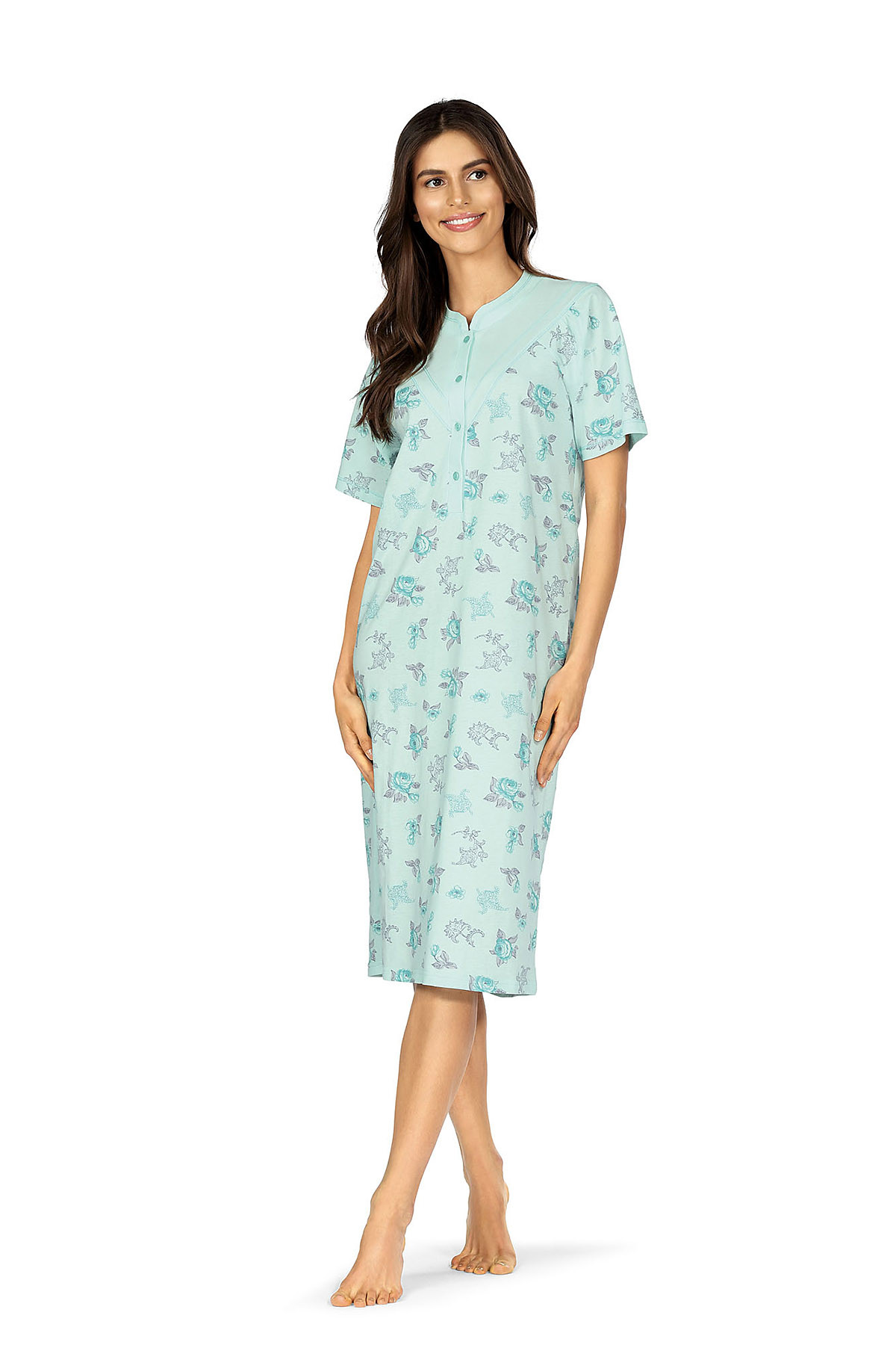 Comtessa Damen Nachthemd kurzer Arm Mint Knopfleiste 100% Baumwolle