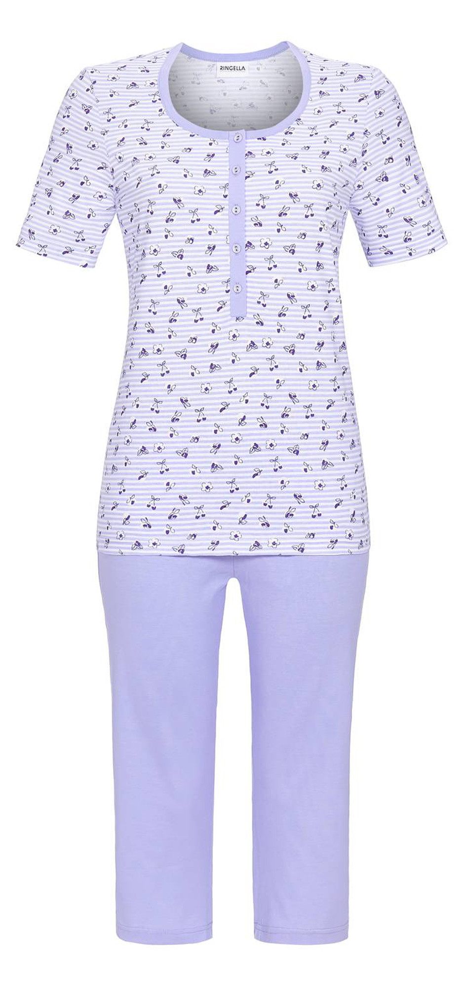 Ringella Damen Schlafanzug 2211216 Ciel kurzer Arm Capri Knopfleiste 100% Baumwolle 