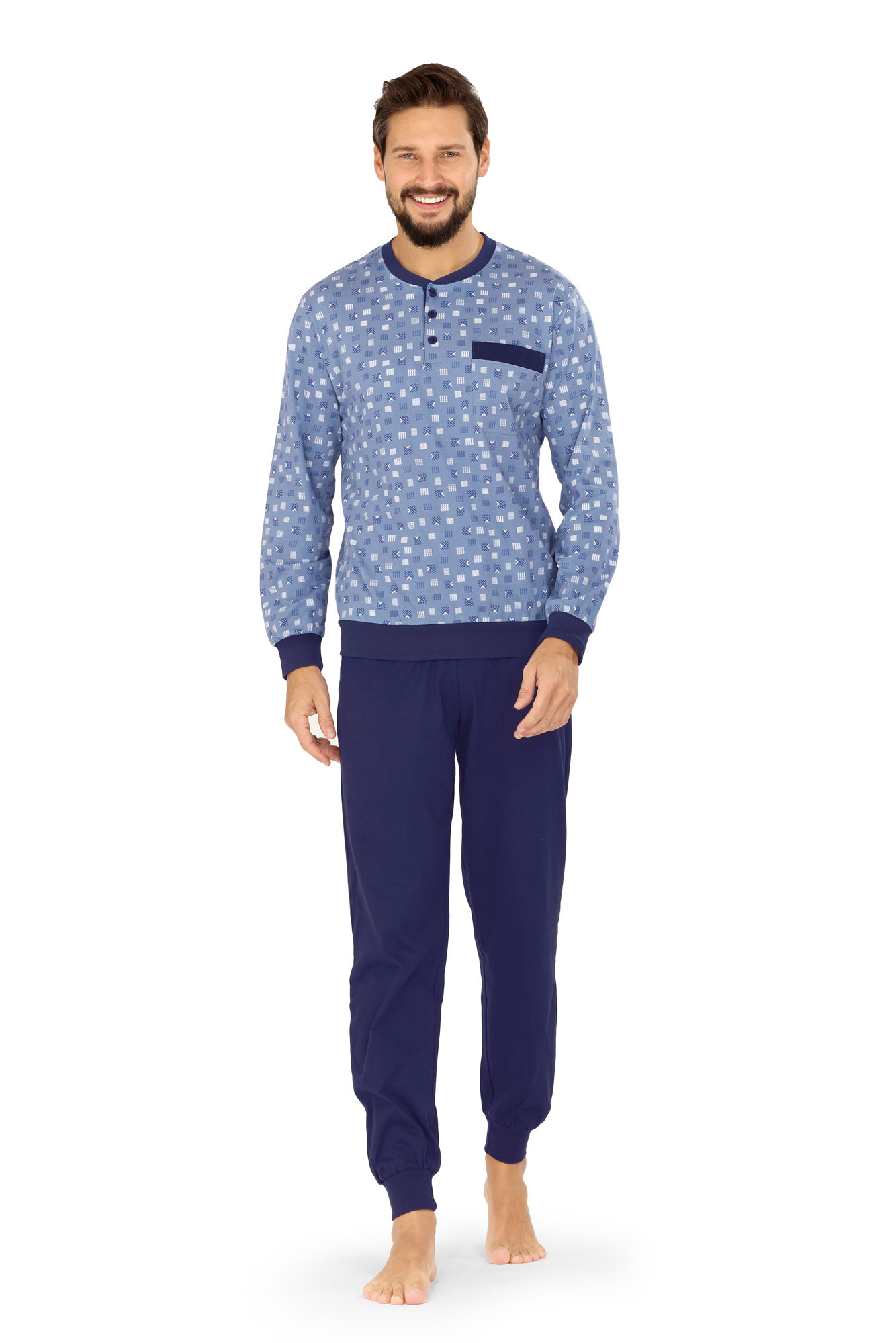 Comte Herren Schlafanzug Langarm Pyjama in Rauchblau Knopfleiste 100% Baumwolle