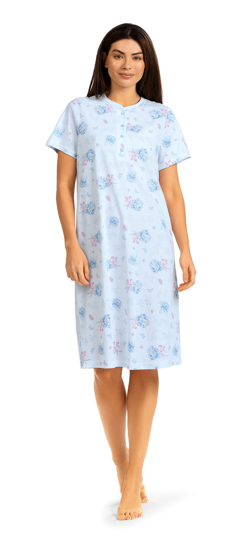 Comtessa Damen Nachthemd Kurzarm Knopfleiste Bleu 100% Baumwolle