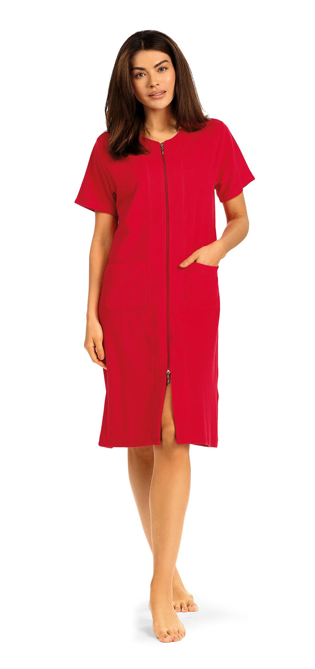 Comtessa Damen Frottee Haus-Kleid Strandkleid Kurzarm Reißverschluss Baumwolle Rot