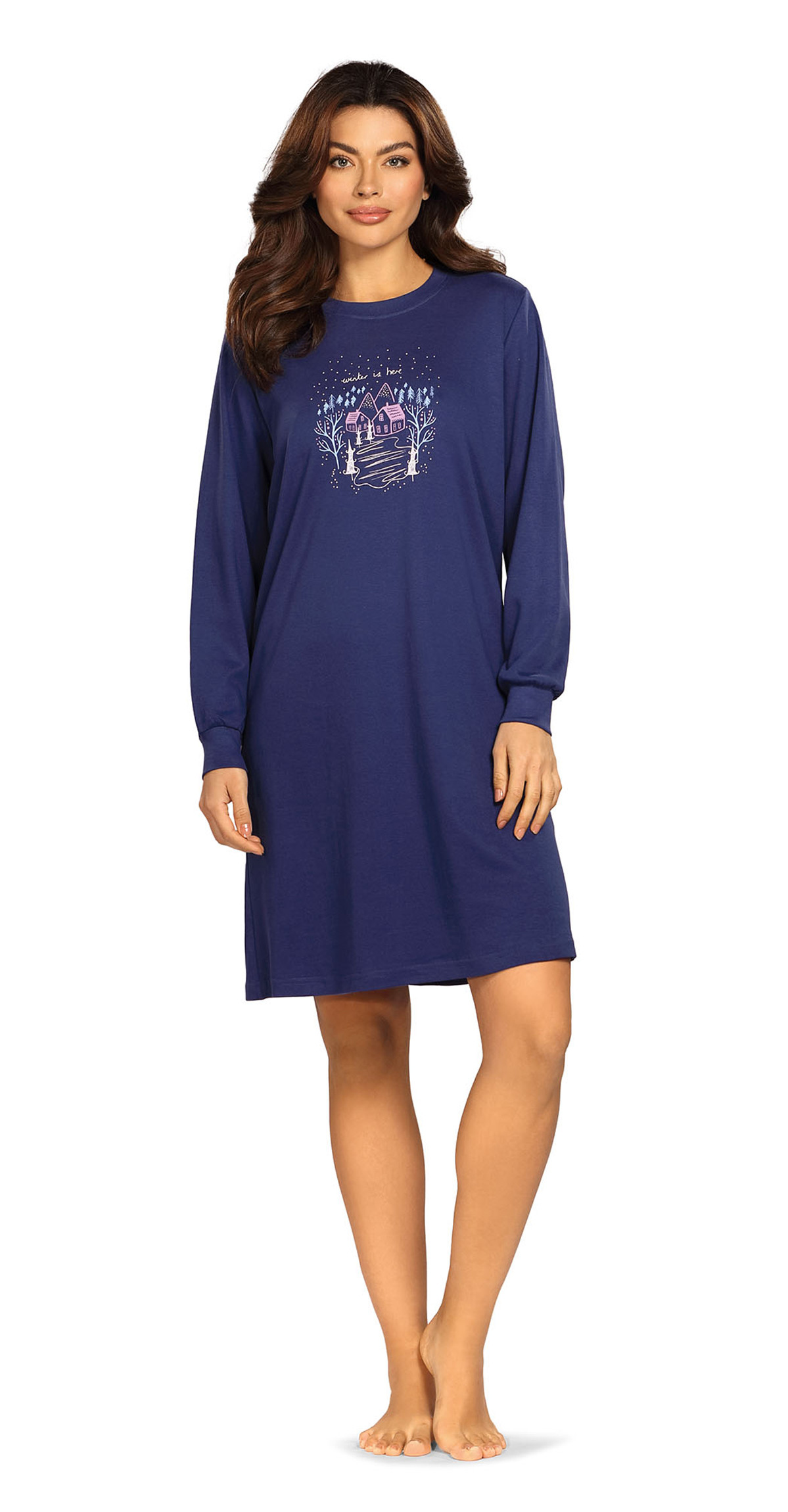Comtessa Damen Nachthemd Langarm Interlock Jersey Navy100% Baumwolle