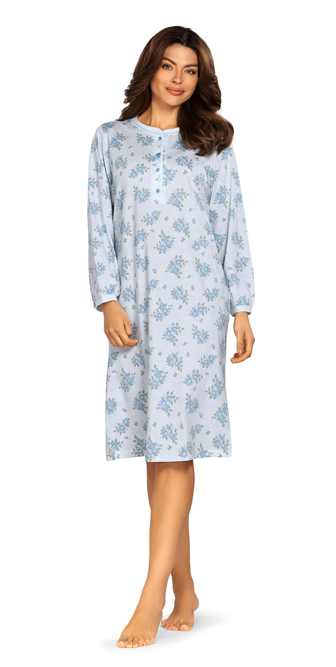 Comtessa Damen Nachthemd Langarm Knopfleiste in Bleu 100% Baumwolle