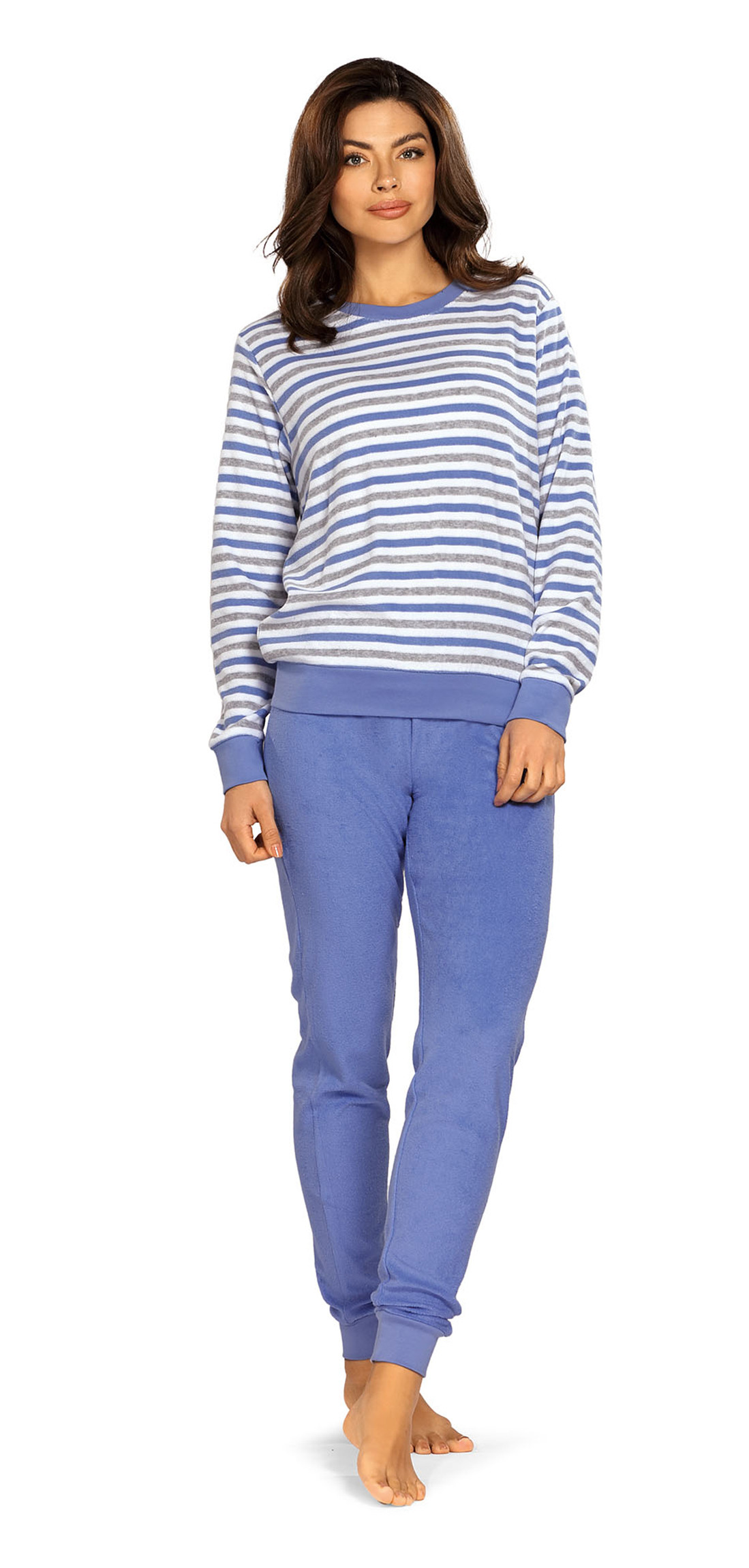 Comtessa Damen Frottee Schlafanzug Langarm Streifen Blau Baumwolle