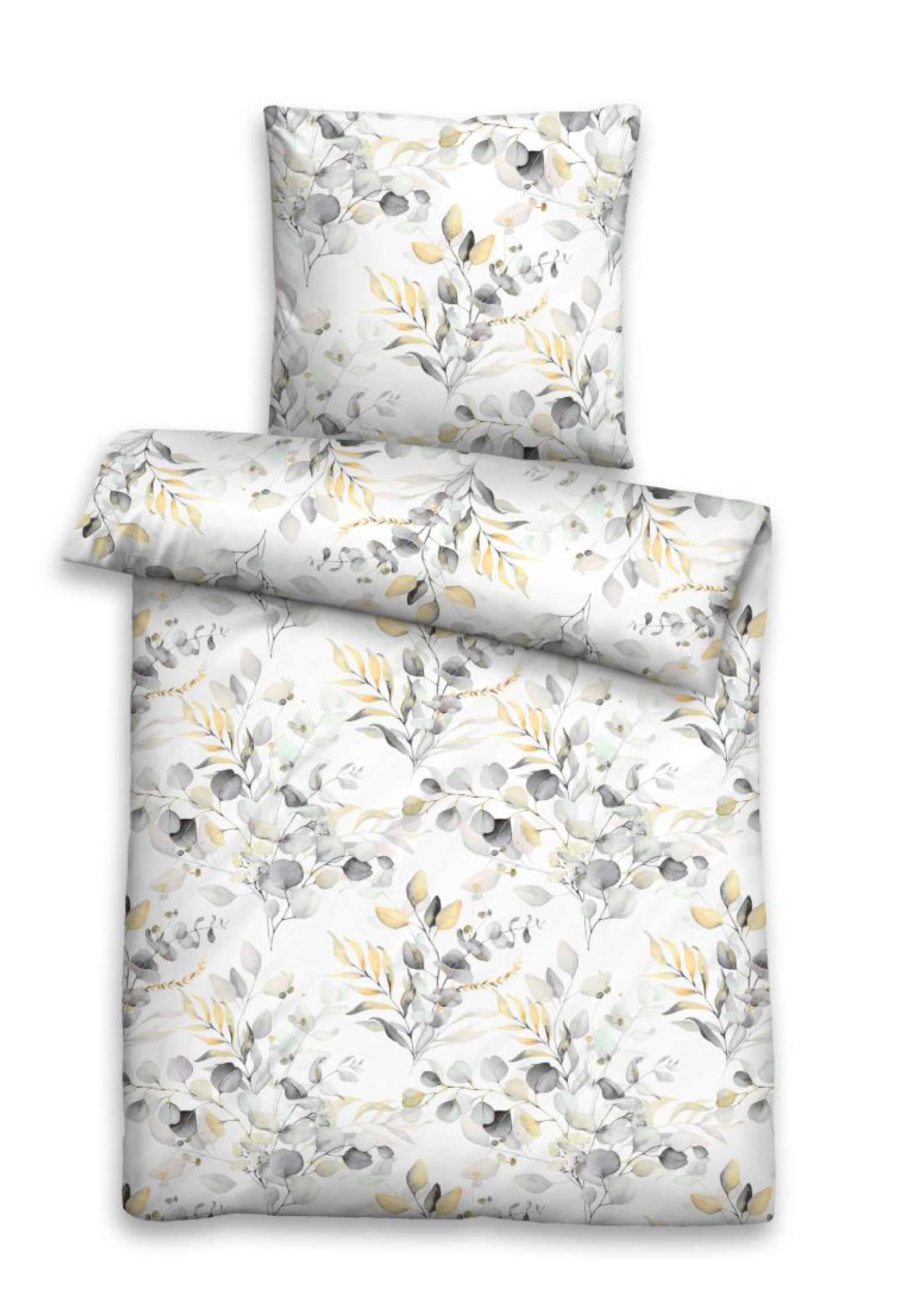 Biberna Seersucker Bettwäsche Vanille Grau Blättermuster 155x220 80x80 cm 