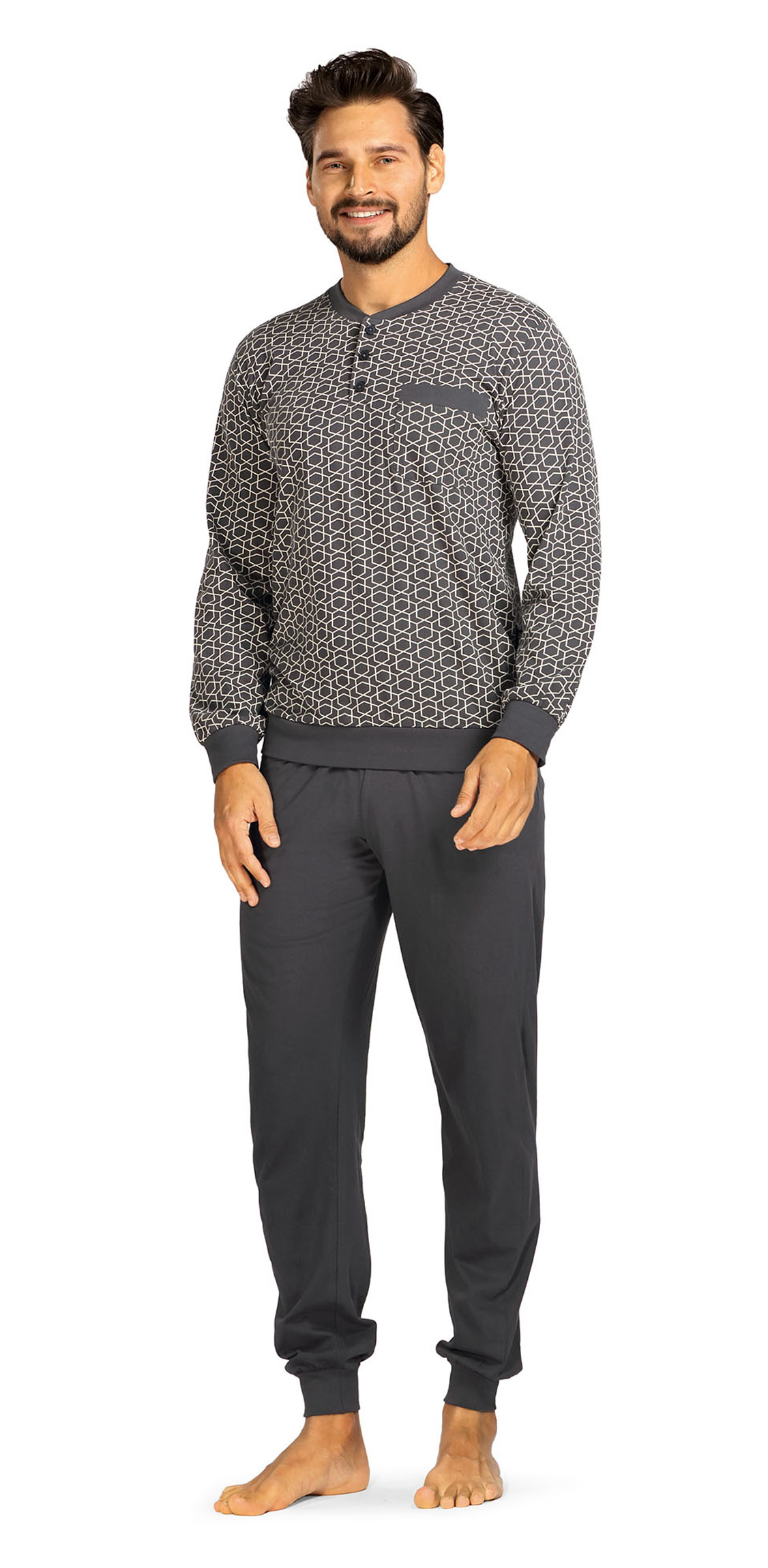 Comte Herren Schlafanzug Langarm Pyjama in Graphit Knopfleiste 100% Baumwolle