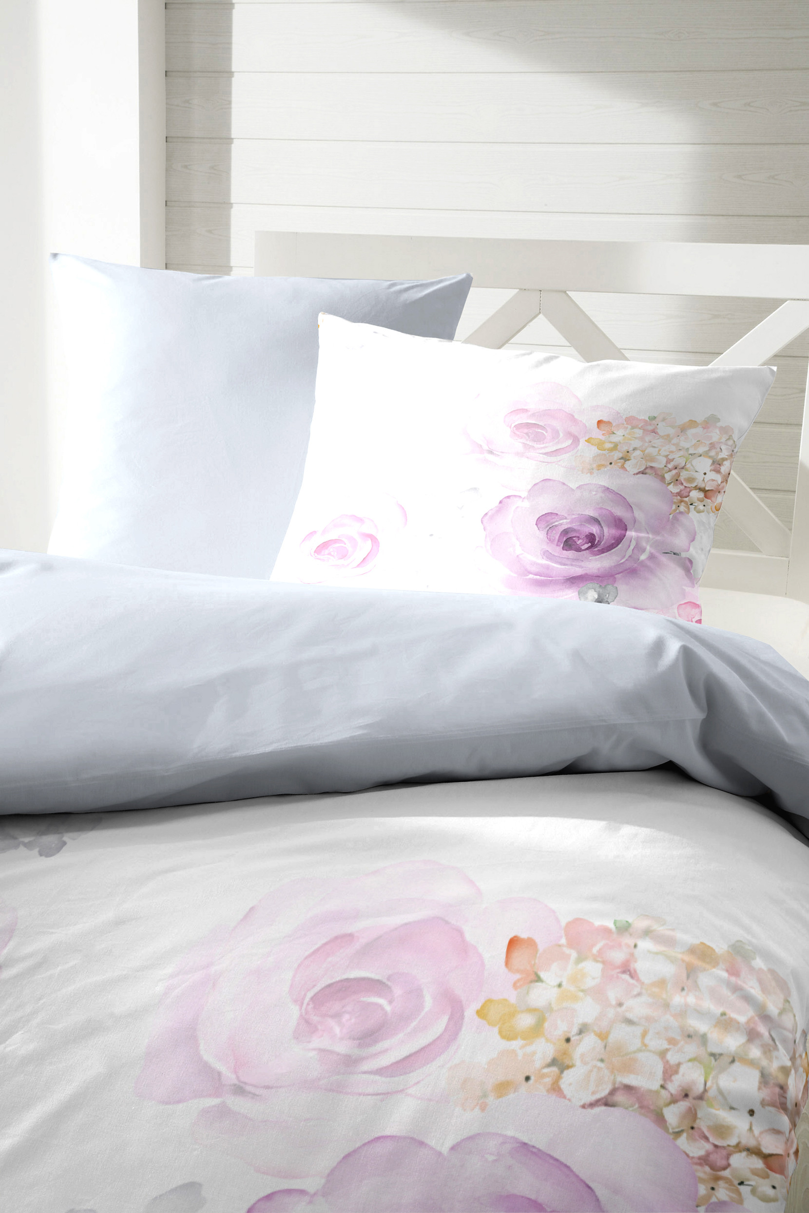 Baumwoll Satin Bettwäsche 135x200 80x80 cm in Weiß Silber Rosa Rosen