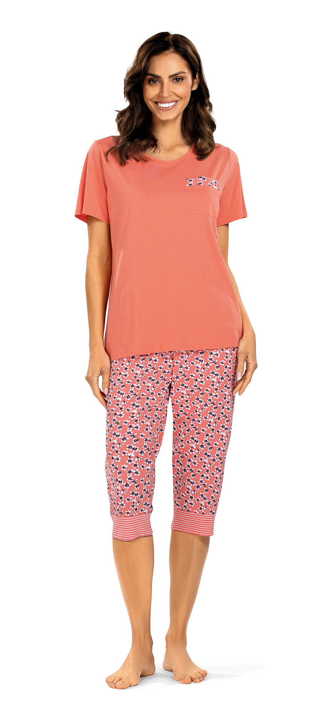 Comtessa Damen Schlafanzug Kurzarm Capri Hose Koralle 100% Baumwolle