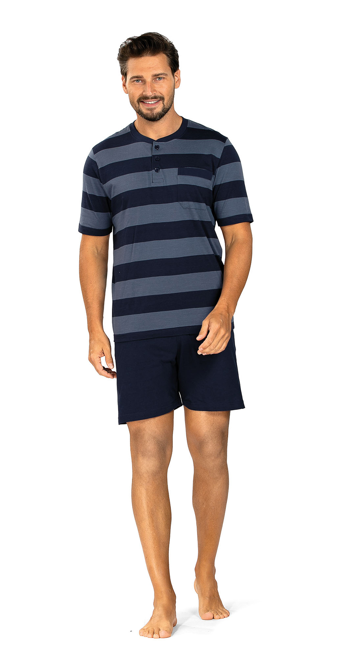 Comte kurzer Herren Schlafanzug Shorty Indigo Knopfleiste 100% Baumwolle