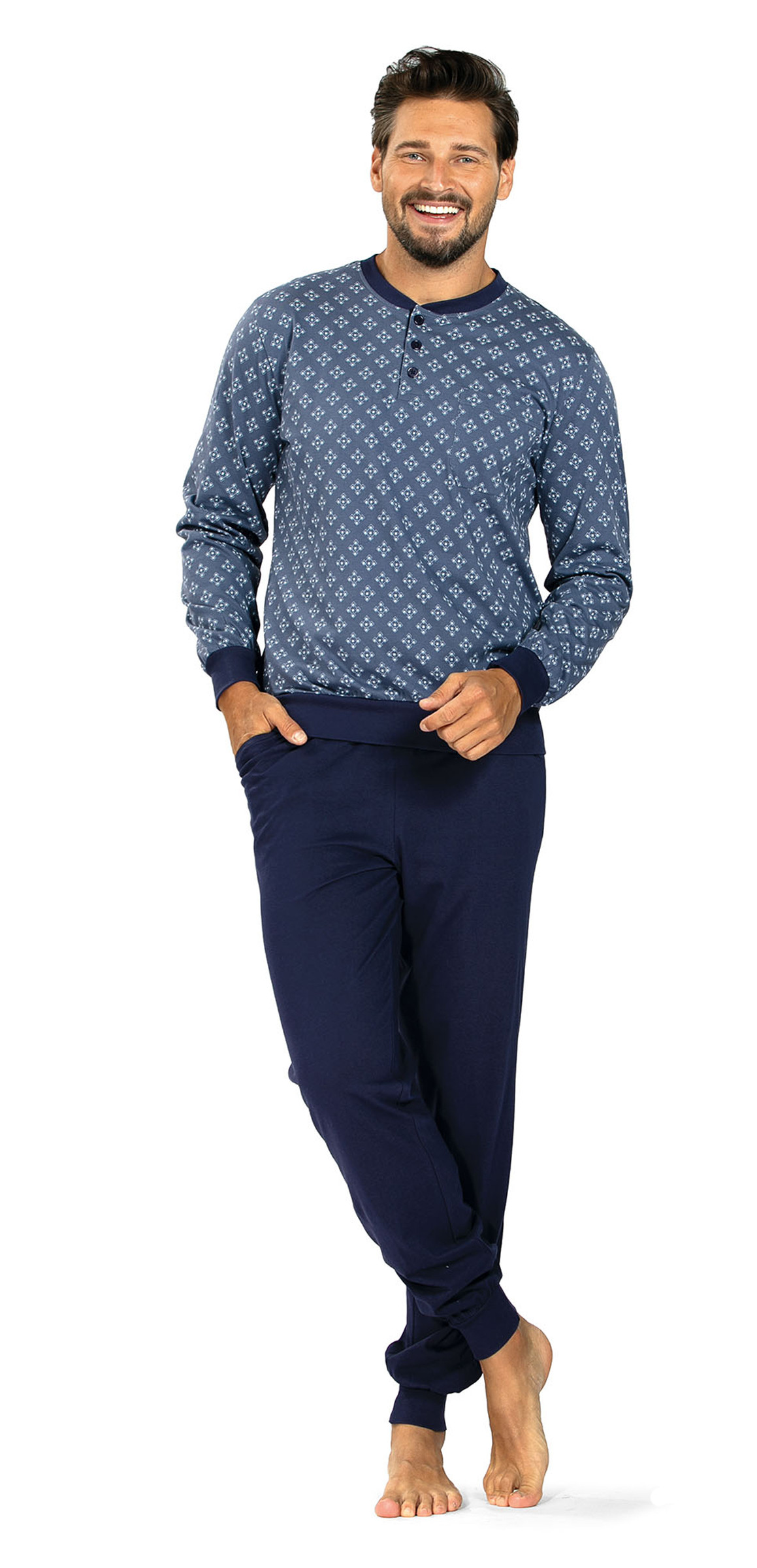 Comte Herren Schlafanzug Langarm Pyjama in Indigo Knopfleiste 100% Baumwolle