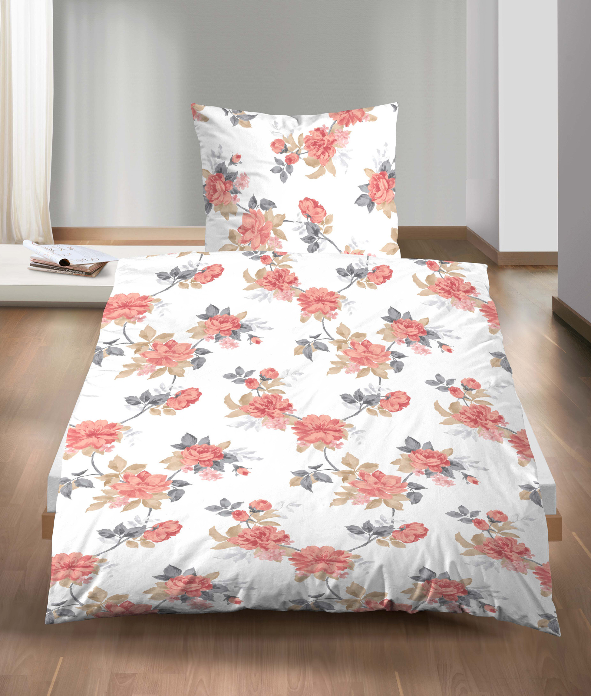 Biberna Castell Biber Bettwäsche Terra Grau Weiß Rosen 135x200 + 80x80 cm