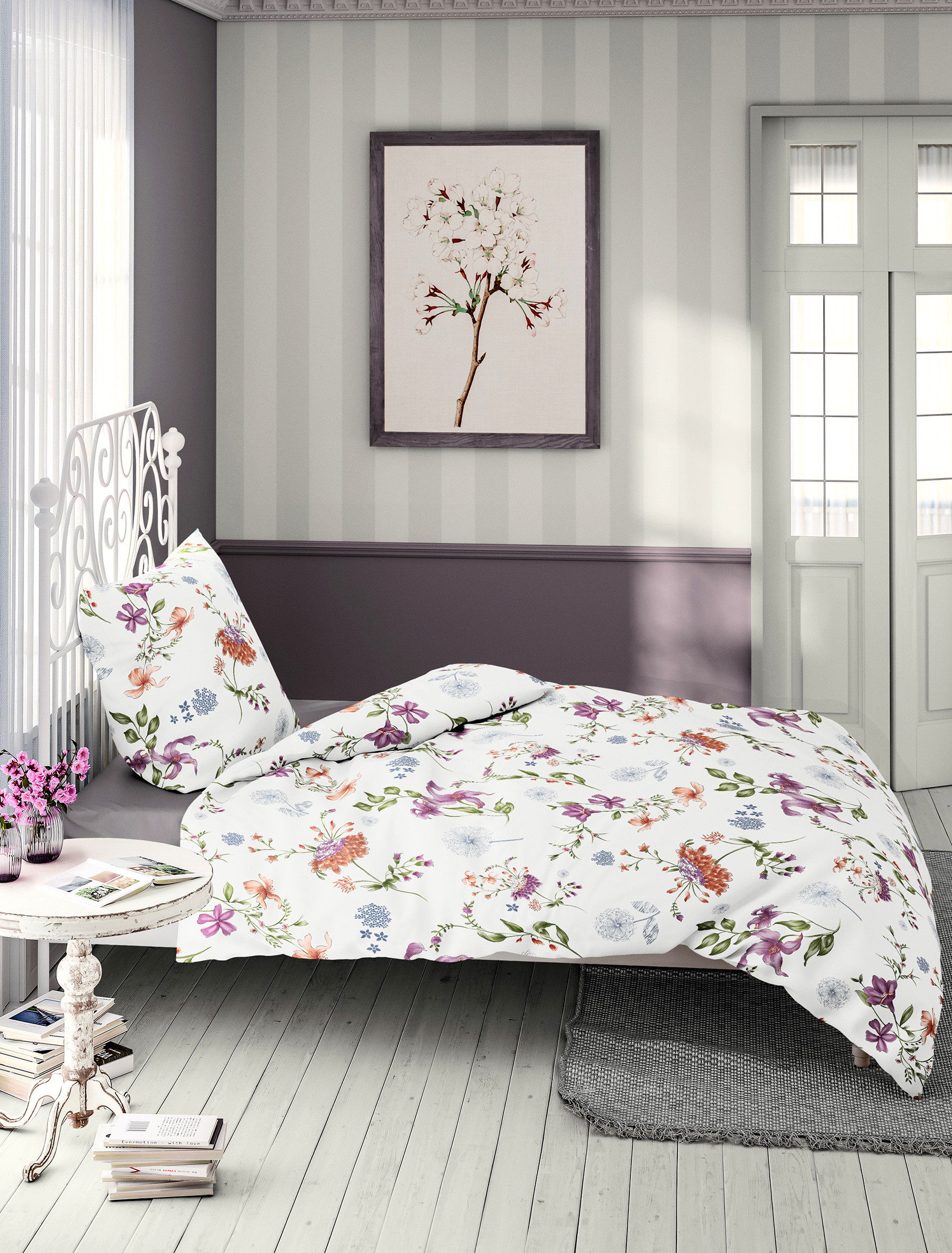 Bierbaum Biber Bettwäsche Baumwolle Viola Blütenpracht 155x220+ 80x80 cm 