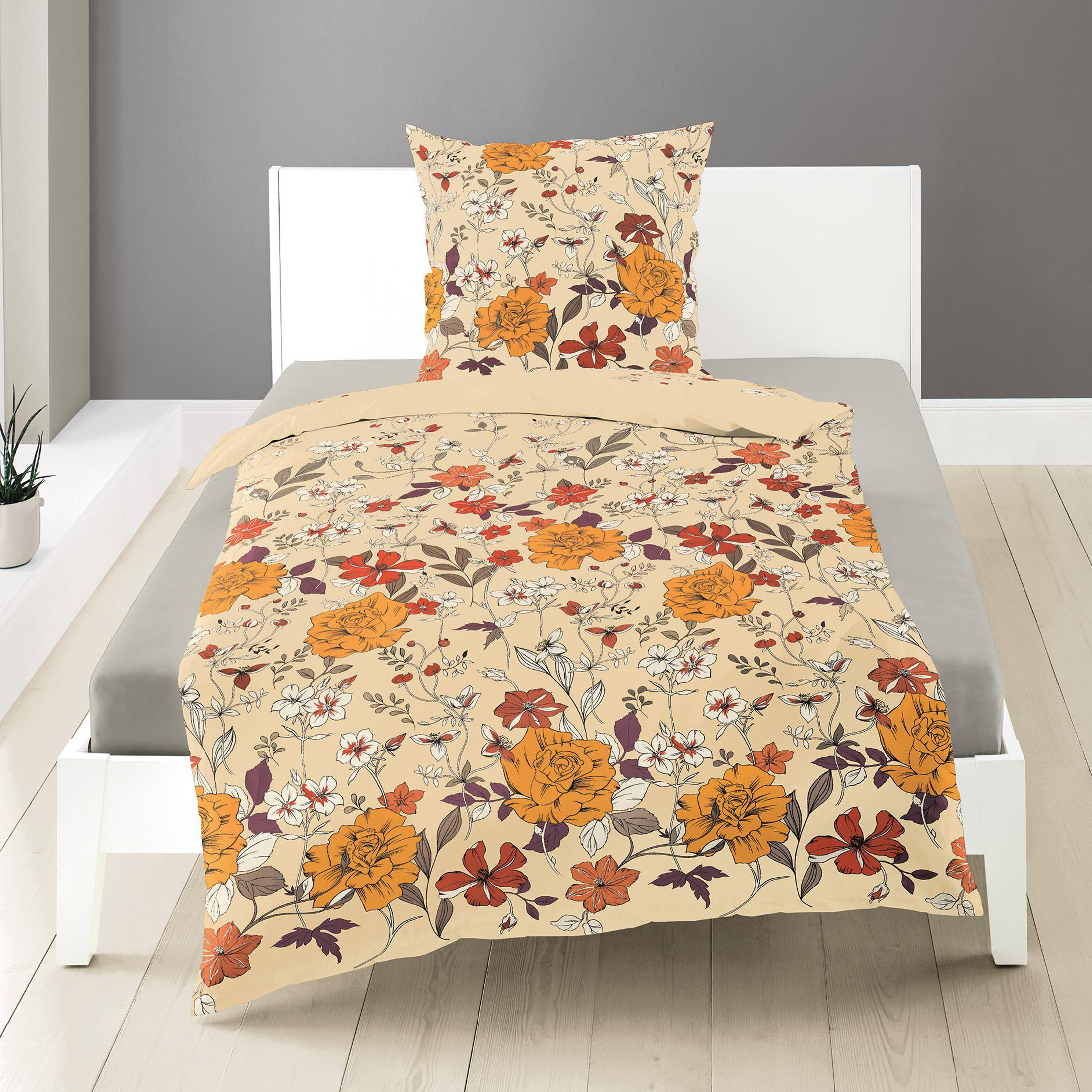 Bierbaum Fein Biber Bettwäsche Baumwolle  Sand Blumen 135x200+ 80x80 cm