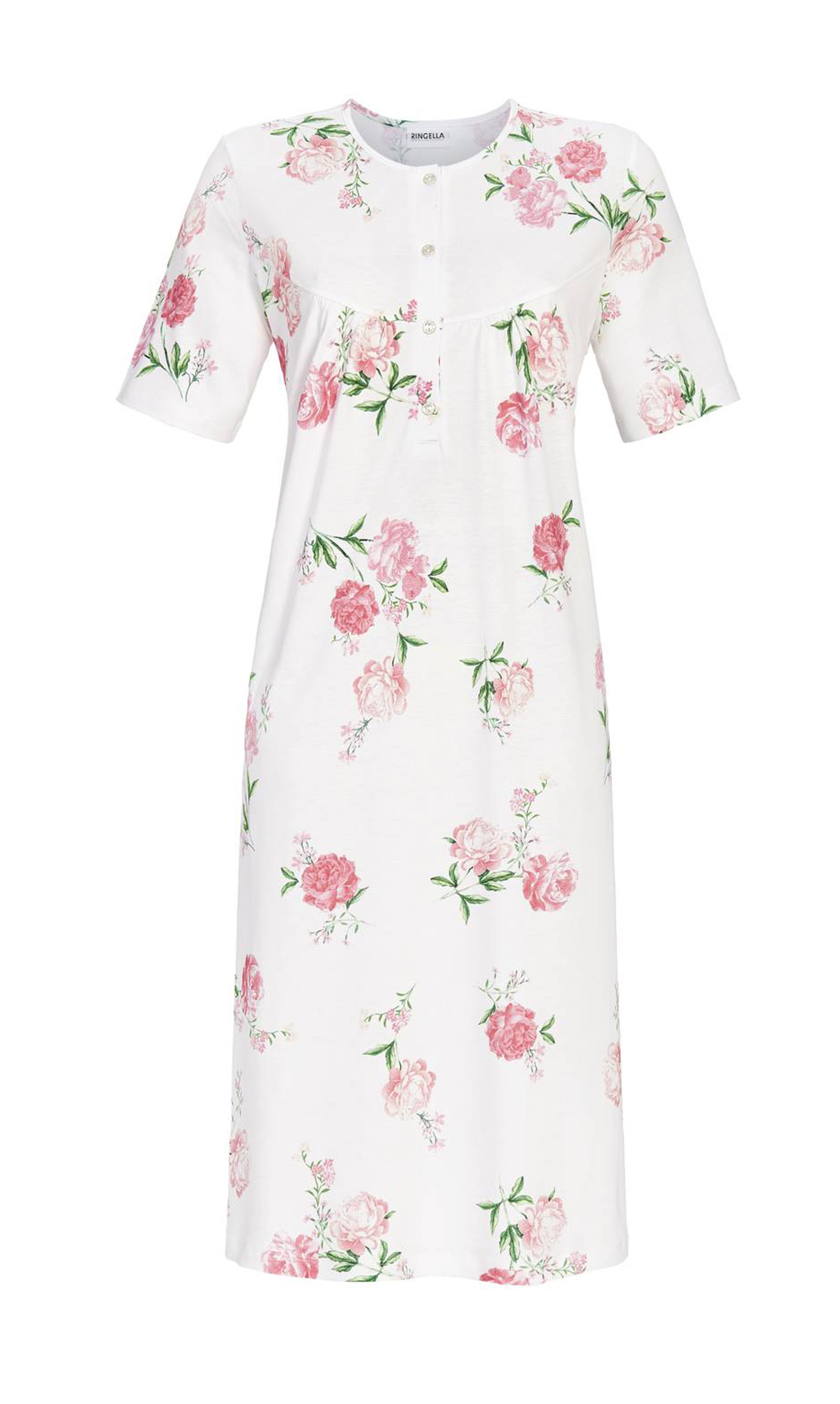 Ringella Damen Nachthemd kurzer Arm Gerbera Rosen Knopfleiste Baumwolle Modal