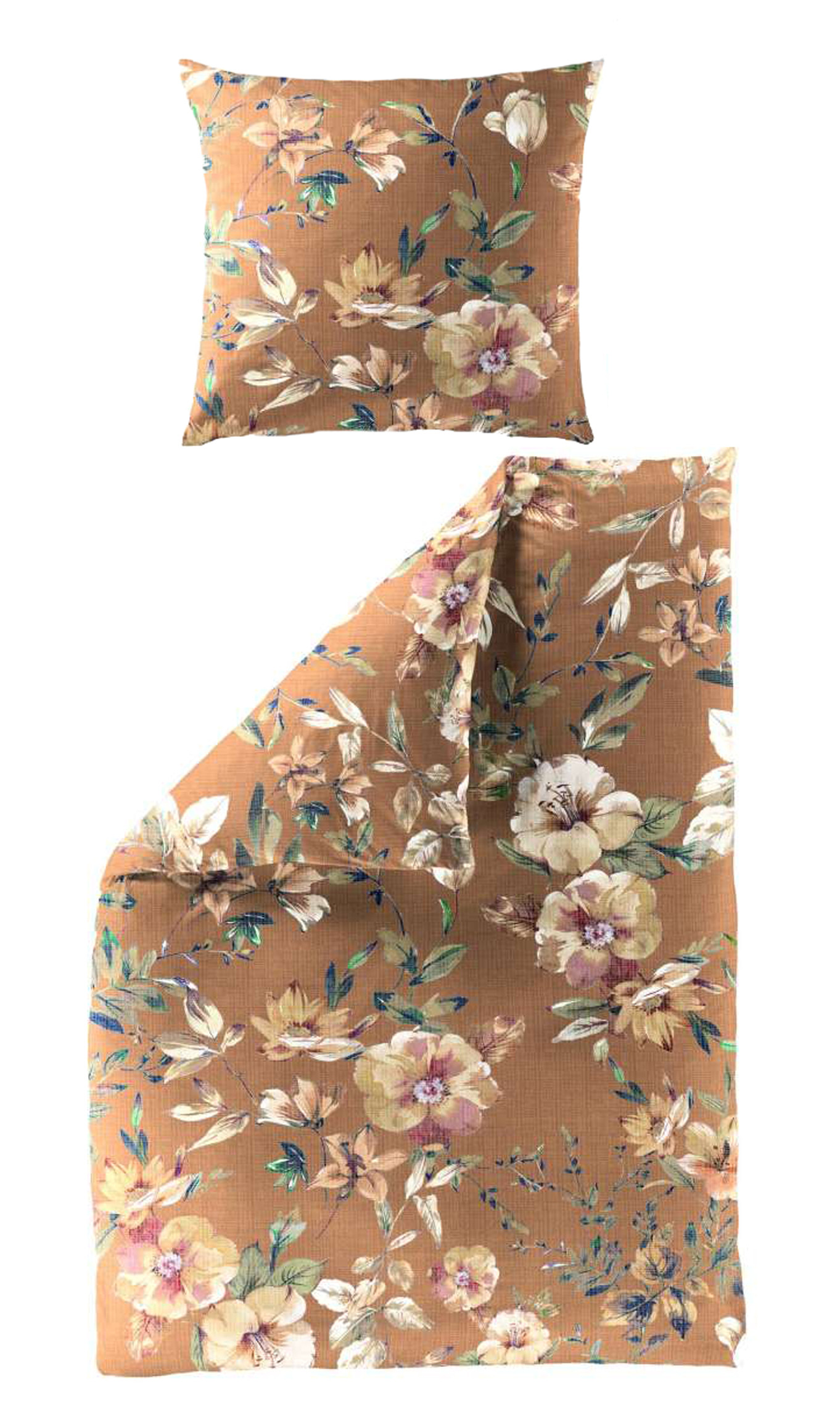 Bierbaum Mako Satin Bettwäsche Blumen Safran 135x200 mit 80x80 cm