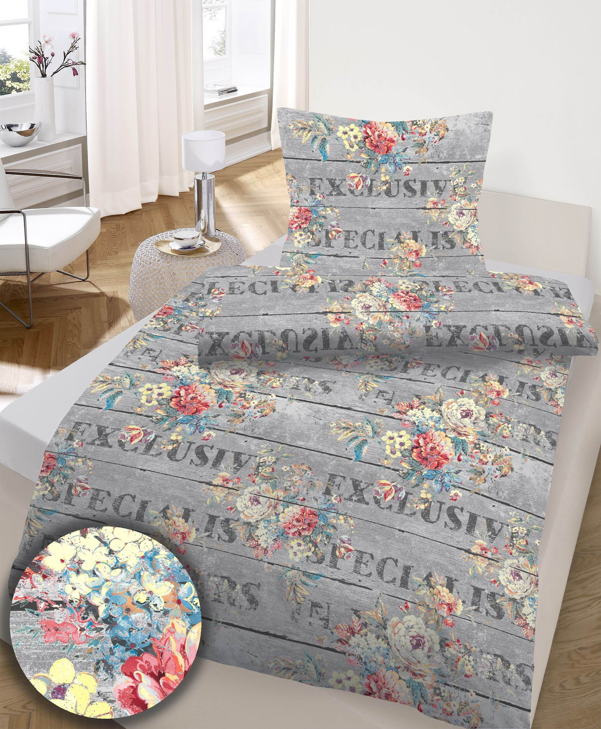 Renforce Bettwäsche 155x220 + 80x80 cm Grau Bunt