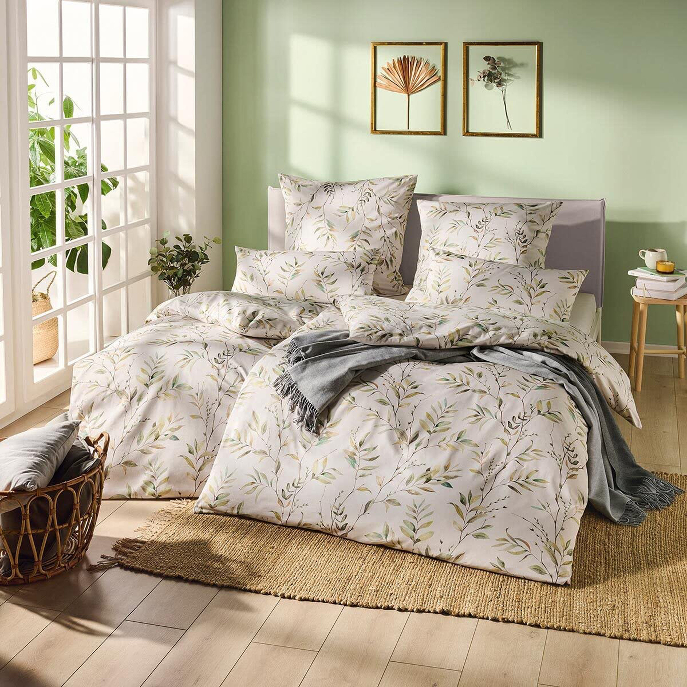 Estella Mako Satin Bettwäsche Olina in grün 135x200 155x220 cm