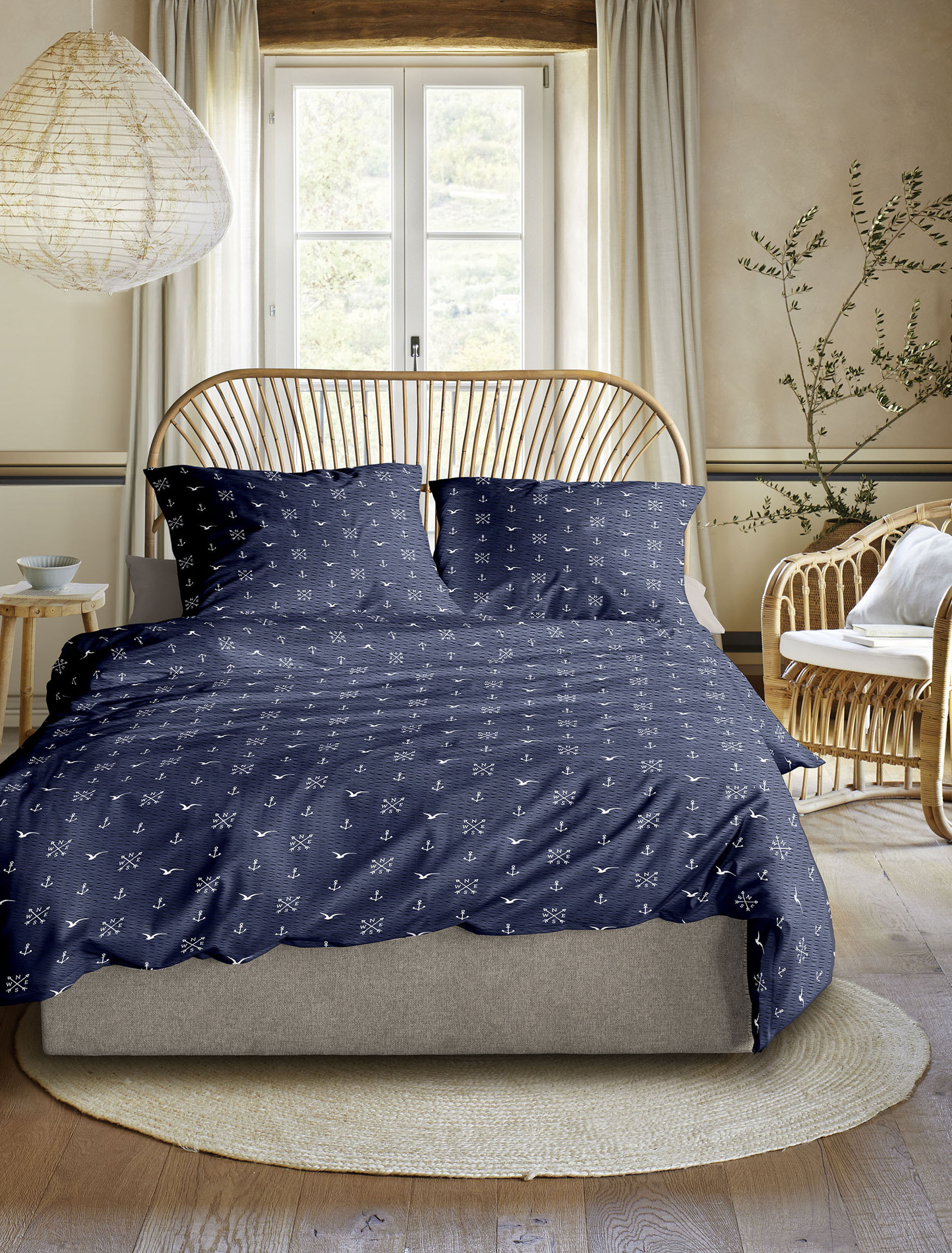 Irisette Soft Seersucker Bettwäsche in Blau Maritim Anker 155x220+ 80x80 cm