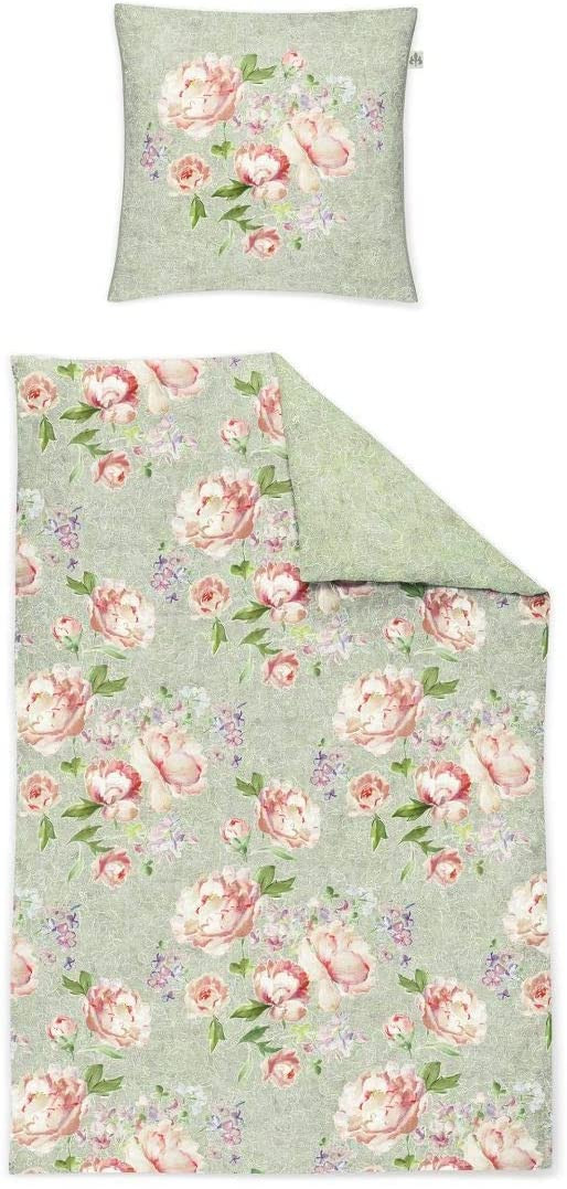 Irisette Mako Satin Bettwäsche Wendeoptik Grün Rosen 135x200 155x220 + 80x80 cm