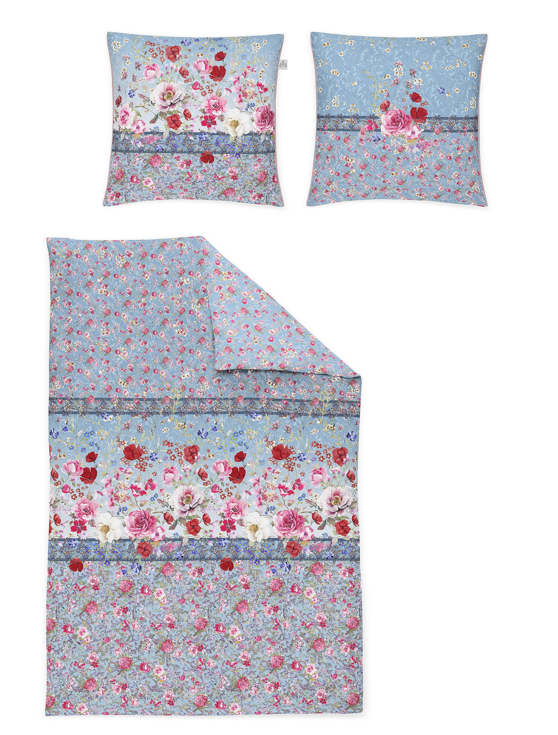 Irisette Mako Satin Bettwäsche Glamour Rosen in Blau 135x200+ 80x80 cm