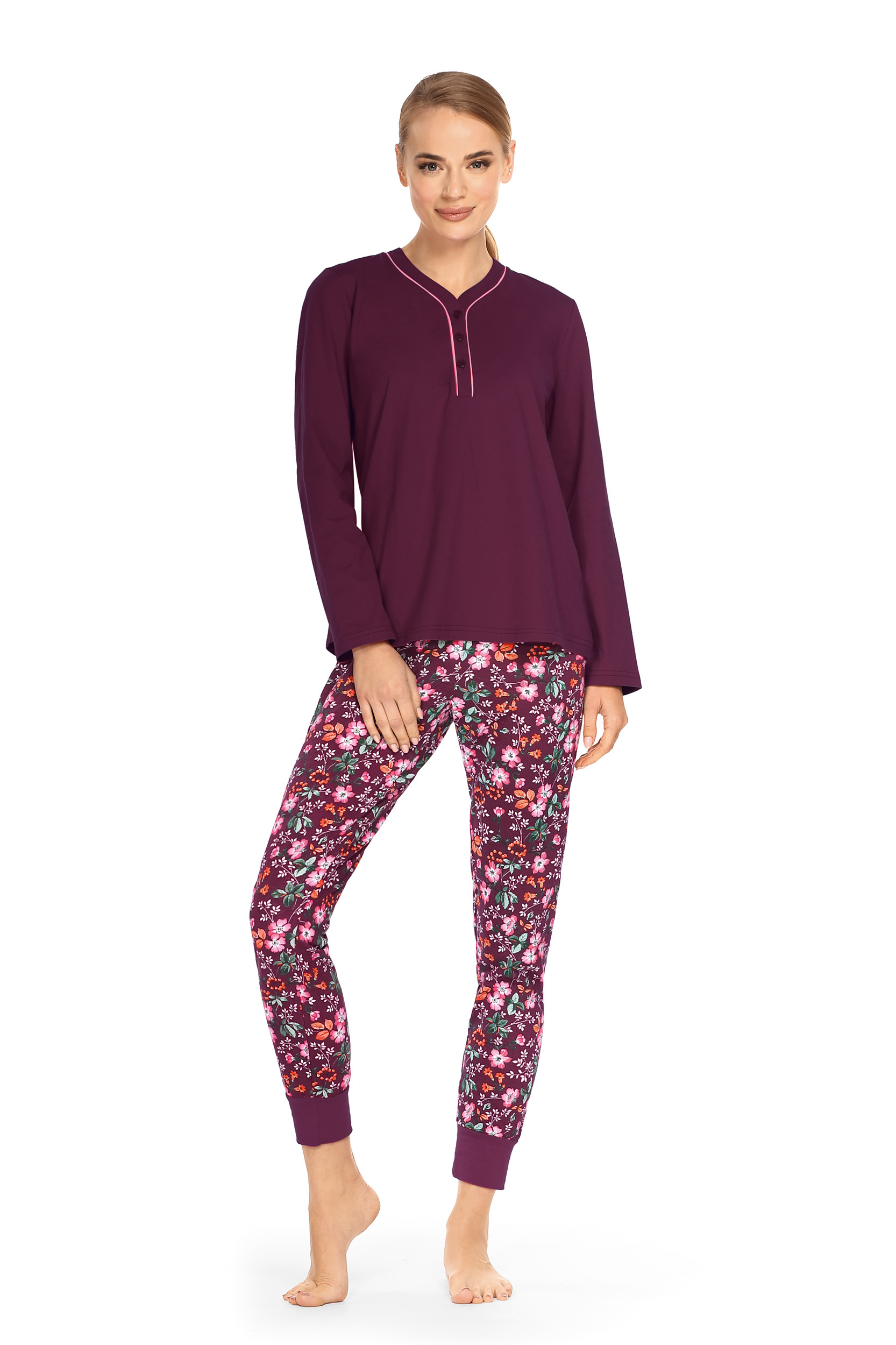 Ascafa Damen Schlafanzug Langarm Lang Leggins Grape 100% Baumwolle