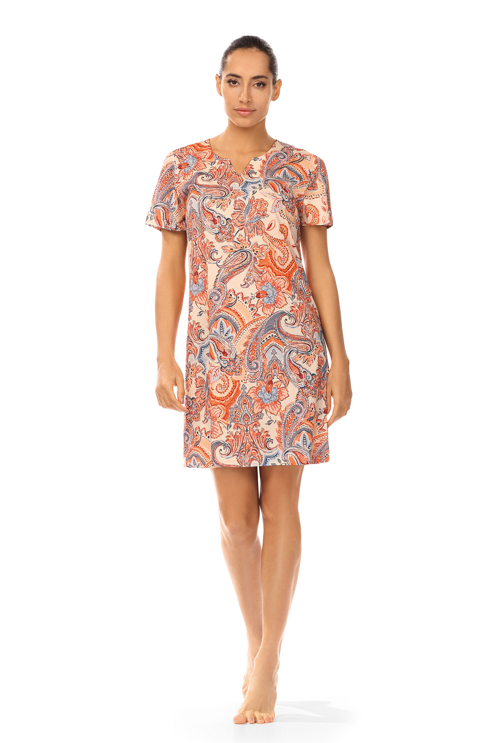 Ascafa Damen Nachthemd Kurzarm Knielang Orange Paisley Baumwolle Modal