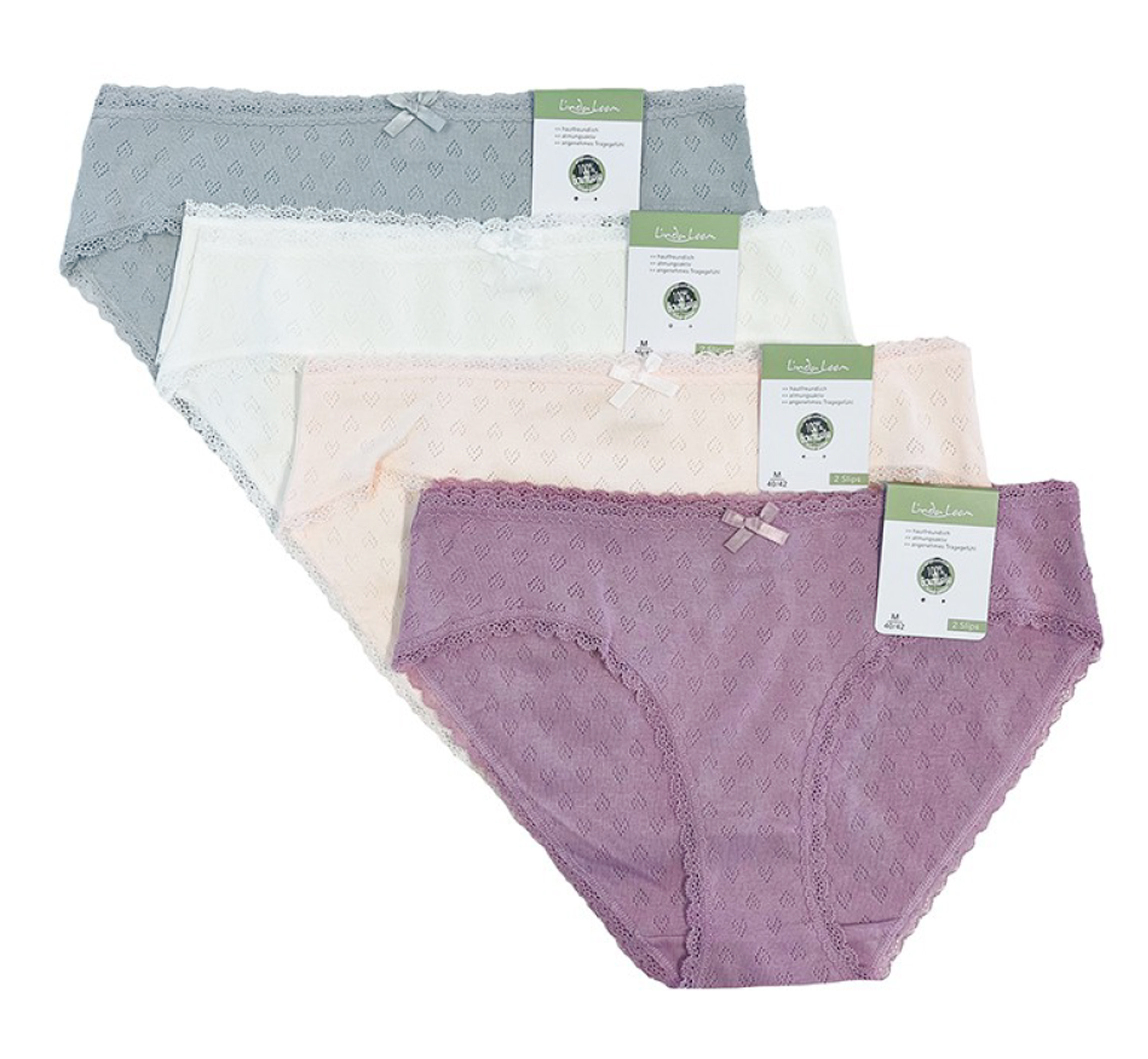 Linda Loom Damen 2-er Set Slip Uni 100% Baumwolle Ajourmuster S M L