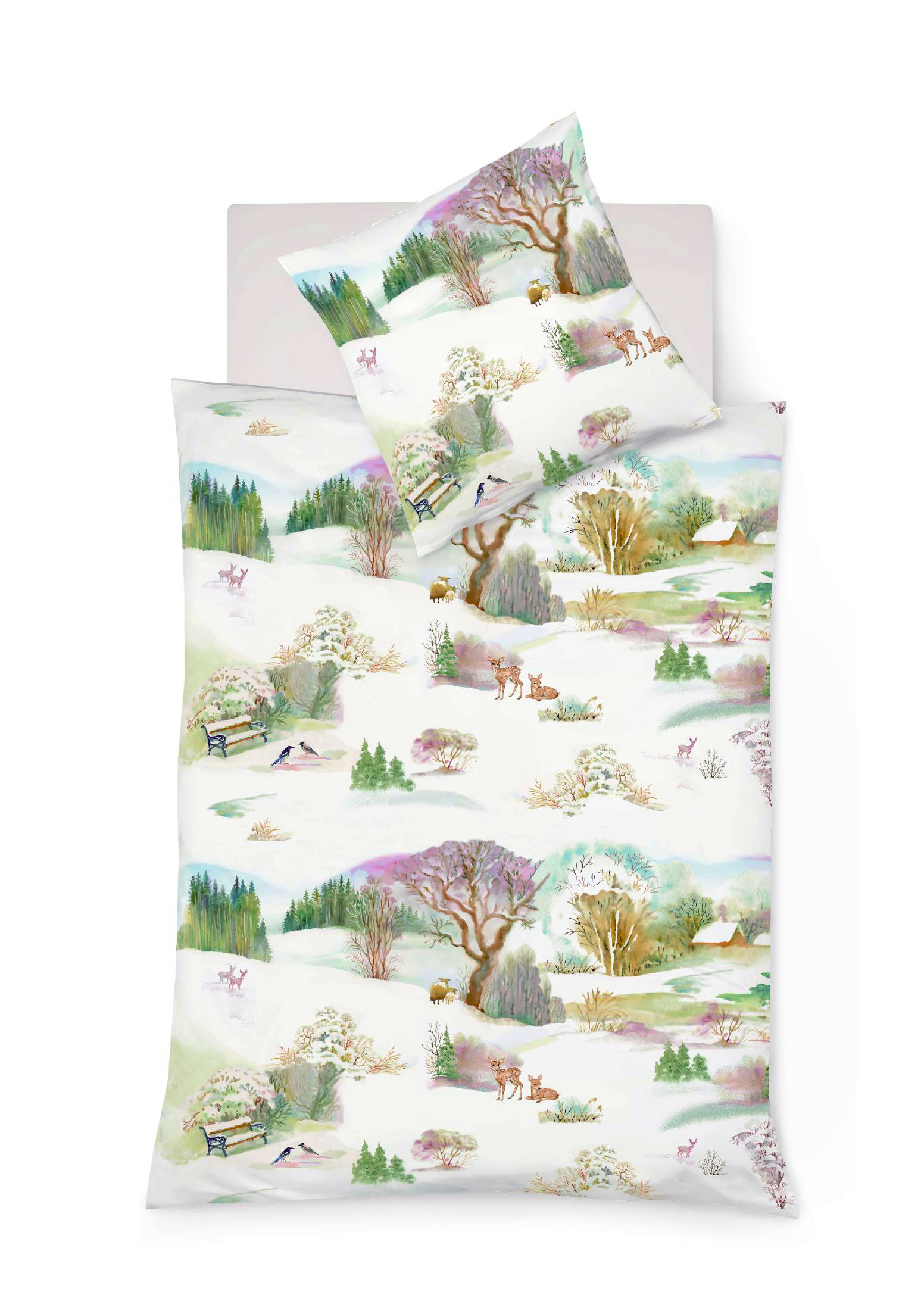fleuresse Fein-Biber Bettwäsche Aspen Winterlandschaft Rehe 135x200 + 80x80 cm