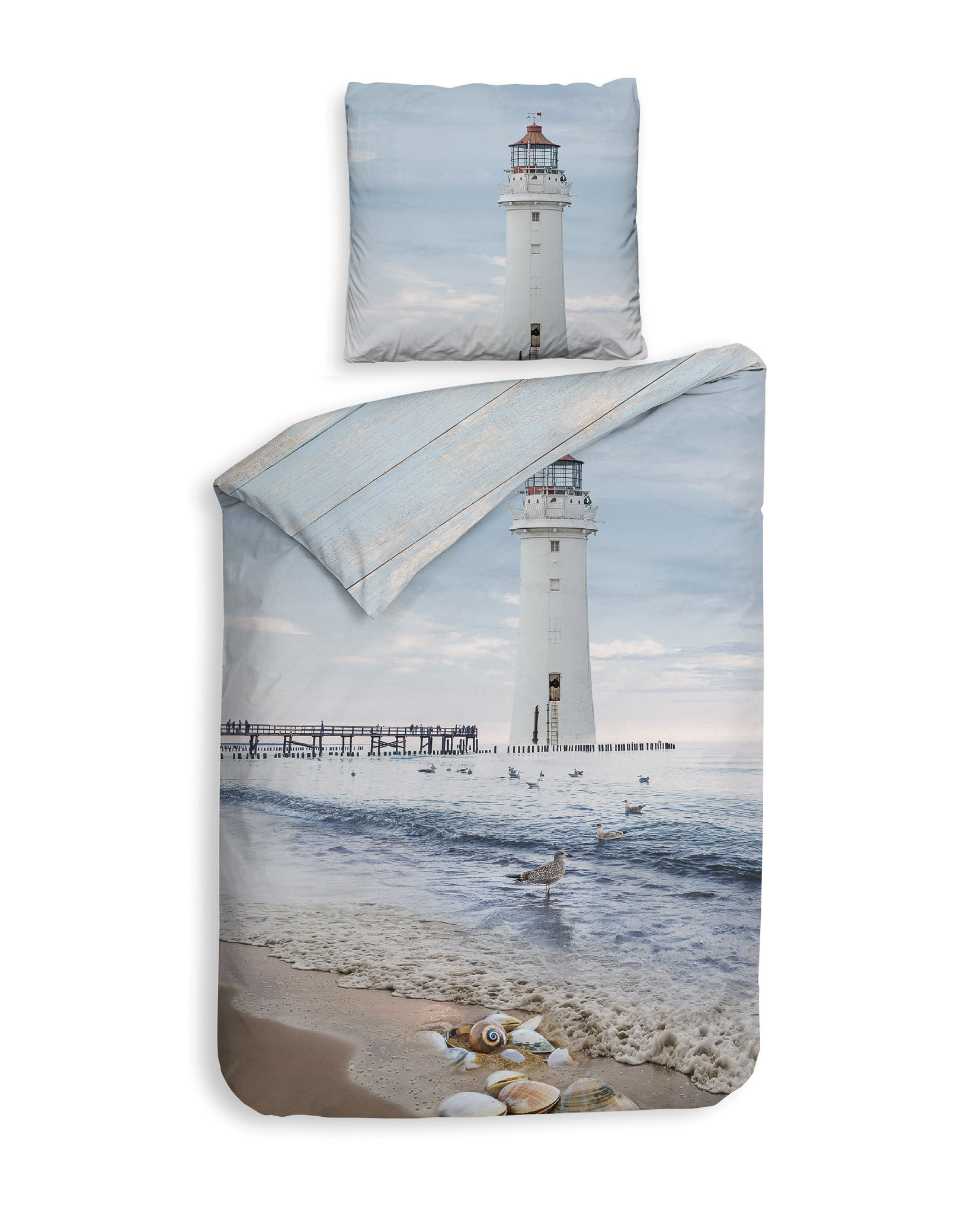 Heckett Lane Mako Satin Bettwäsche Fraya 135x200 oder 155x220 cm Blue Strandmotiv
