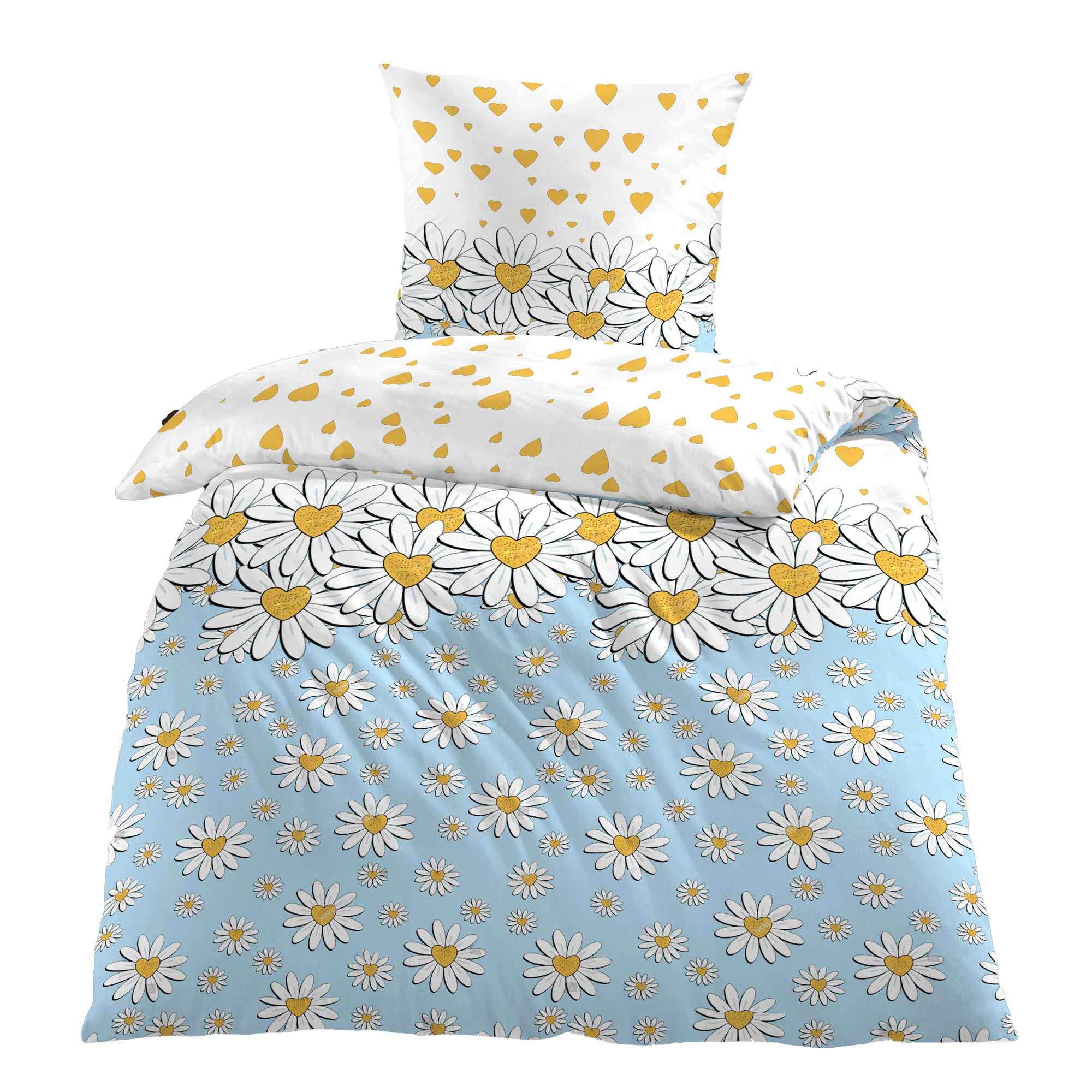 Kinzler Baumwolle Bettwäsche Herz Margarite 135x200+ 80x80 cm Hellblau