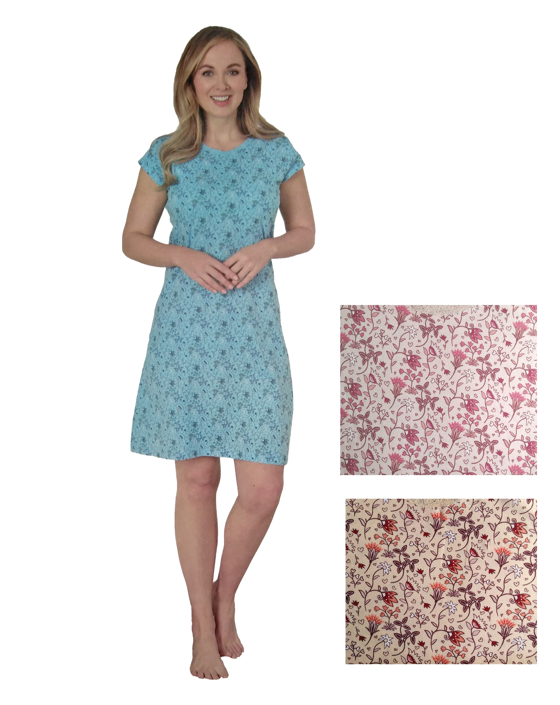 Moonline Damen Nachthemd kurzer Arm Blau Apricot Rosa Gr. S M L XL 100% Baumwolle