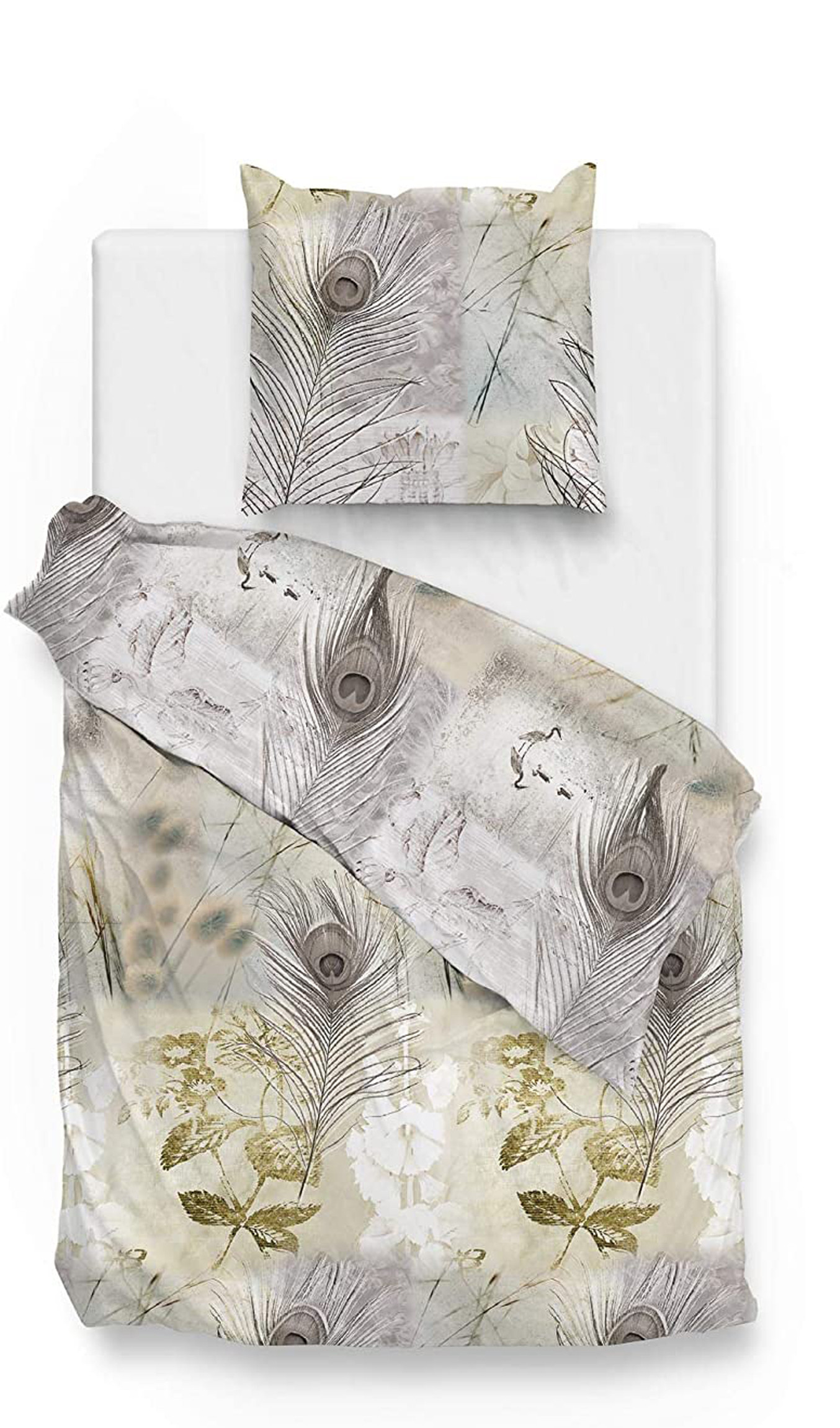 ZoHome Satin Bettwäsche Nakul Pfauenfeder 100% Baumwolle 135x200 + 80x80 cm in Natur grau