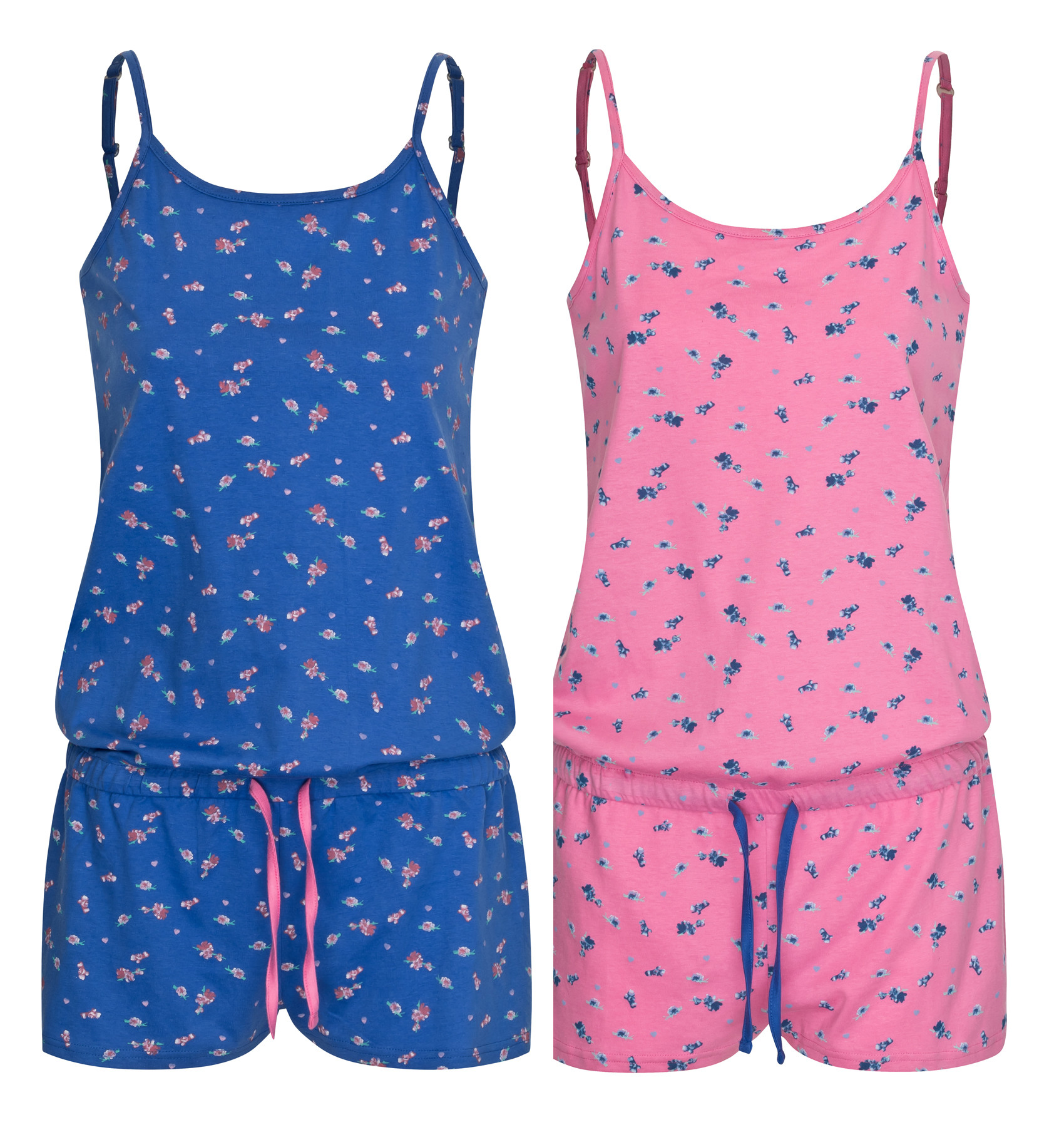 Moonline Damen kurzer Schlafanzug Jumpsuit Ones in pink blau Gr. S 36 38 