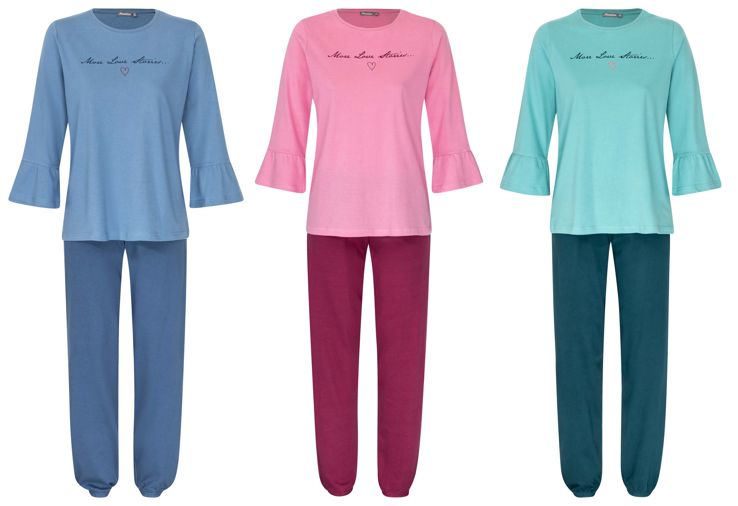 Moonline Damen Schlafanzug Parda langer Arm Volant Baumwolle grün blau rosa S M L XL 36 38 40 42 44 46 48 50