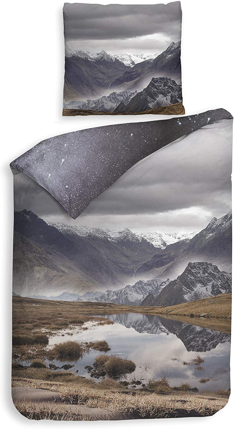 Heckett Lane Satin Bettwäsche Riley Berge Wolken 100% Baumwolle 135x200 + 80x80 cm Multicolor