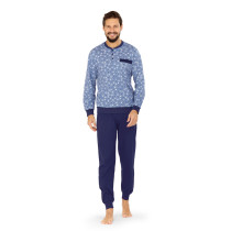 Comte Herren Schlafanzug Langarm Pyjama in Rauchblau Knopfleiste 100% Baumwolle