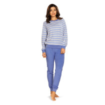 Comtessa Damen Frottee Schlafanzug Langarm Streifen Blau Baumwolle