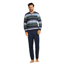 Comte Herren Schlafanzug Langarm Pyjama in Marine Knopfleiste 100% Baumwolle