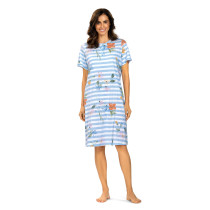 Comtessa Damen Nachthemd Kurzarm Knopfleiste Blau 100% Baumwolle