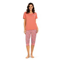 Comtessa Damen Schlafanzug Kurzarm Capri Hose Koralle 100% Baumwolle