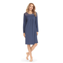 Ascafa Damen Nachthemd Langarm Lang Rauchblau Baumwolle Modal
