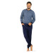 Comte Herren Schlafanzug Langarm Pyjama in Indigo Knopfleiste 100% Baumwolle