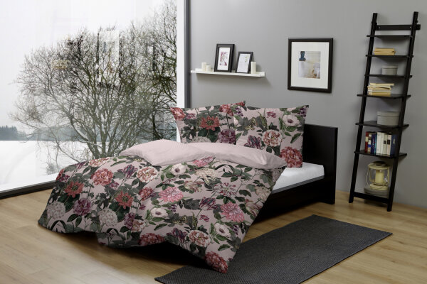 Primera Mako Satin Bettwäsche Blumen 155x220 + 80x80 cm in Rosenholz