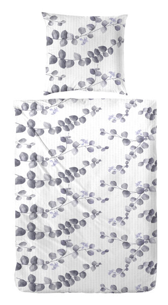 Primera Seersucker Bettwäsche in Grau Weiß Blätter 155x220 80x80 cm
