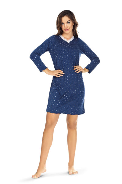 Comtessa Ascafa Damen Nachthemd langer Arm Indigo Blau  Herzchen