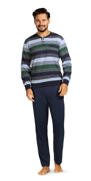 Comte Herren Schlafanzug Langarm Marine Knopfleiste
