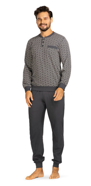 Comte Herren Schlafanzug Langarm Graphit Knopfleiste