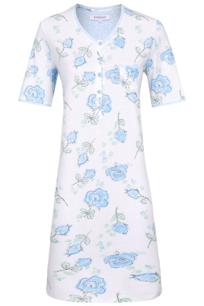 Ringella Damen Nachthemd Bleu Rosenmuster kurzer Arm Knopfleiste 36
